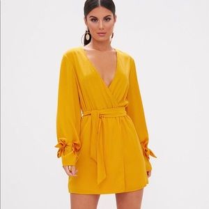 Mustard satin wrap cuff detail shift dress